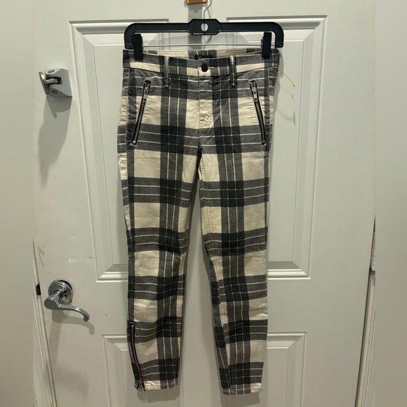 MOTHER Jeans Brand Side Zip Muse Plaid Pants Cream Black Size 24 - Picture 2 of 6